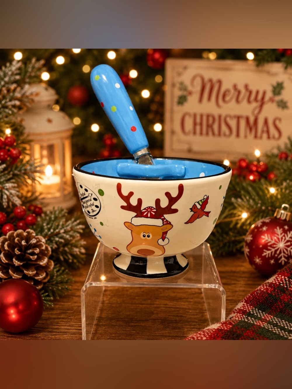 🔍CHRISTMAS REINDEER CERAMIC DIP / SERVING BOWL WITH SPREADER — NEVER USED